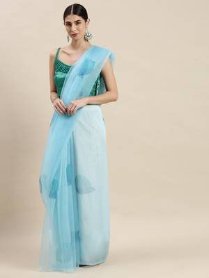 Women'S Sky Blue Organza Floral Printed Saree With Unstitched Blouse 1