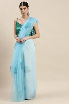Women'S Sky Blue Organza Floral Printed Saree With Unstitched Blouse