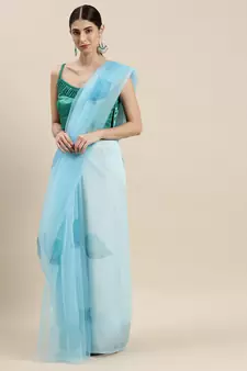 Women'S Sky Blue Organza Floral Printed Saree With Unstitched Blouse