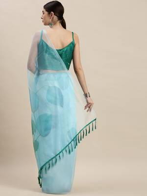 Women'S Sky Blue Organza Floral Printed Saree With Unstitched Blouse 2