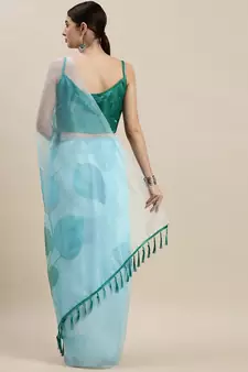 Women'S Sky Blue Organza Floral Printed Saree With Unstitched Blouse