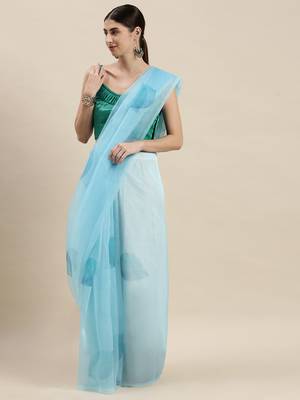 Women'S Sky Blue Organza Floral Printed Saree With Unstitched Blouse 3