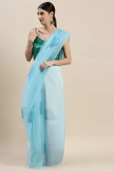 Women'S Sky Blue Organza Floral Printed Saree With Unstitched Blouse