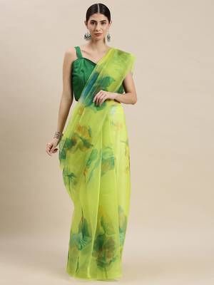 Lime Green Organza Printed Saree With Unstitched Blouse 1