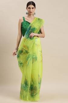 Lime Green Organza Printed Saree With Unstitched Blouse