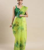 Lime Green Organza Printed Saree With Unstitched Blouse