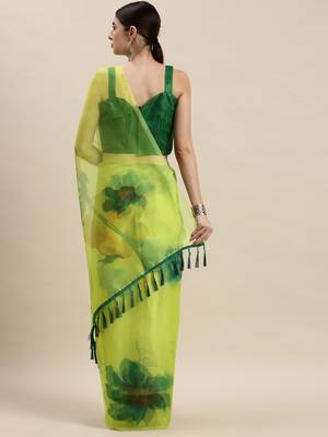 Lime Green Organza Printed Saree With Unstitched Blouse 2