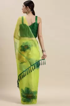 Lime Green Organza Printed Saree With Unstitched Blouse