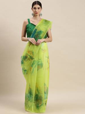 Lime Green Organza Printed Saree With Unstitched Blouse 3