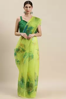 Lime Green Organza Printed Saree With Unstitched Blouse