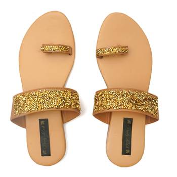Beige Swarovski Women Vegan Leather Flat Slipper for women 1