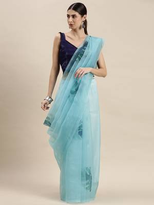 Kimisha Women'S Sky Blue Organza Printed Saree With Unstitched Blouse 1