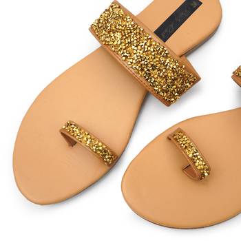 Beige Swarovski Women Vegan Leather Flat Slipper for women 2