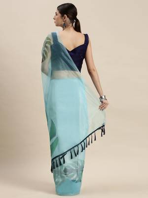 Kimisha Women'S Sky Blue Organza Printed Saree With Unstitched Blouse 2