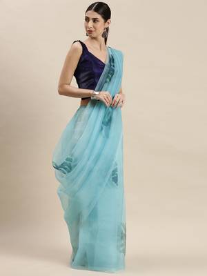 Kimisha Women'S Sky Blue Organza Printed Saree With Unstitched Blouse 3