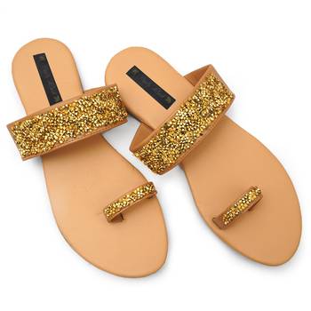 Beige Swarovski Women Vegan Leather Flat Slipper for women 3