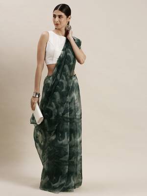 Women'S Dark Green Organza Printed Saree With Unstitched Blouse 1
