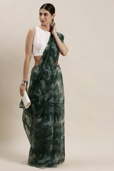 Women'S Dark Green Organza Printed Saree With Unstitched Blouse