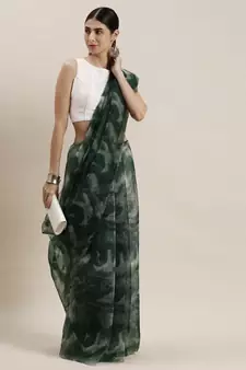 Women'S Dark Green Organza Printed Saree With Unstitched Blouse