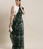 Women'S Dark Green Organza Printed Saree With Unstitched Blouse