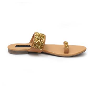 Beige Swarovski Women Vegan Leather Flat Slipper for women 4