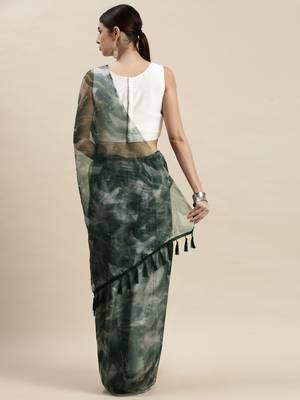 Women'S Dark Green Organza Printed Saree With Unstitched Blouse 2