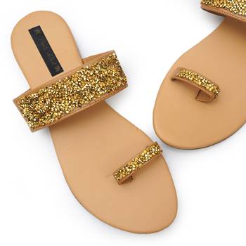 Beige Swarovski Women Vegan Leather Flat Slipper for women 5