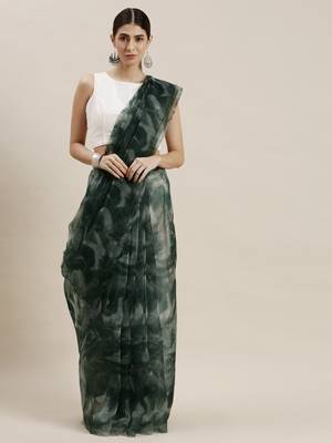 Women'S Dark Green Organza Printed Saree With Unstitched Blouse 3