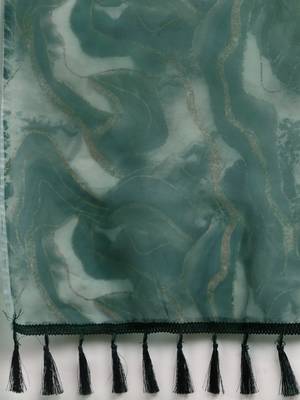 Women'S Dark Green Organza Printed Saree With Unstitched Blouse 4