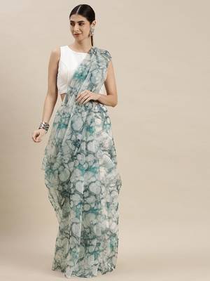 Women'S Multicolor Organza Printed Saree With Unstitched Blouse 1