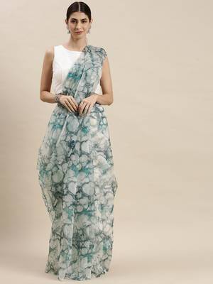 Women'S Multicolor Organza Printed Saree With Unstitched Blouse 3