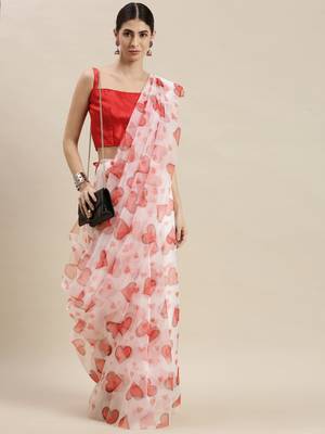 Women'S White Organza Printed Saree With Unstitched Blouse 1