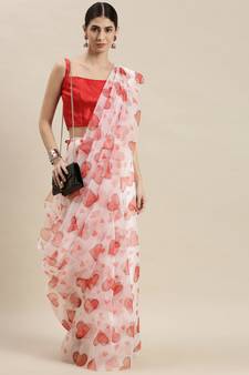 Women'S White Organza Printed Saree With Unstitched Blouse