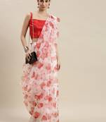 Women'S White Organza Printed Saree With Unstitched Blouse