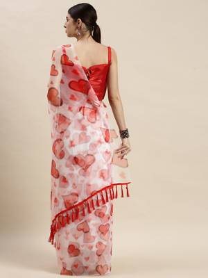 Women'S White Organza Printed Saree With Unstitched Blouse 2