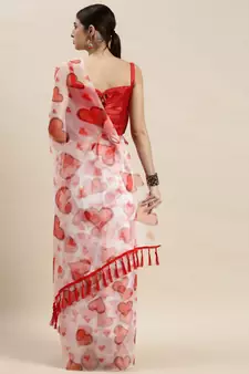 Women'S White Organza Printed Saree With Unstitched Blouse