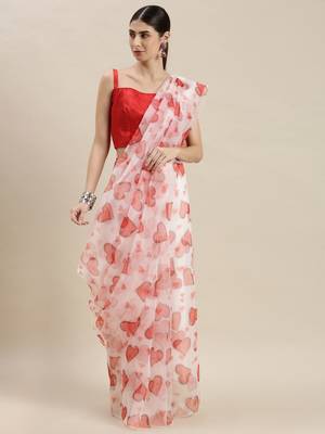 Women'S White Organza Printed Saree With Unstitched Blouse 3
