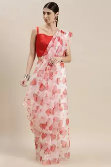 Women'S White Organza Printed Saree With Unstitched Blouse