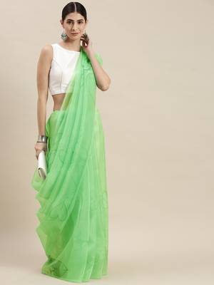 Kimisha Women's Light Green Organza Printed Saree With Unstitched Blouse 1