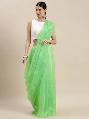 Kimisha Women's Light Green Organza Printed Saree With Unstitched Blouse 3