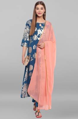 Janasya Teal floral print faux crepe salwar 1