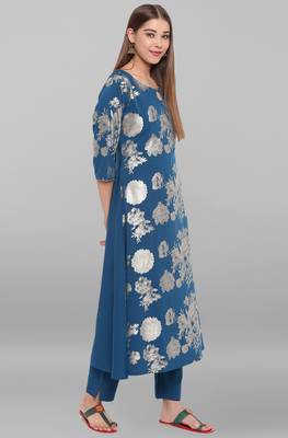 Janasya Teal floral print faux crepe salwar 2