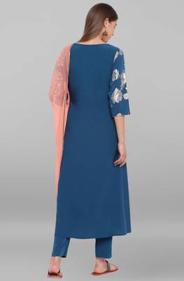 Janasya Teal floral print faux crepe salwar 3