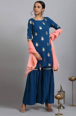 Janasya Teal floral print faux crepe salwar 1