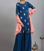 Janasya Teal floral print faux crepe salwar