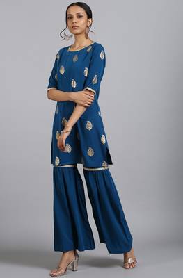 Janasya Teal floral print faux crepe salwar 2