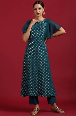 Teal geometric print faux crepe salwar 1