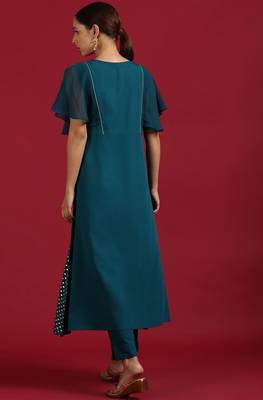 Teal geometric print faux crepe salwar 2