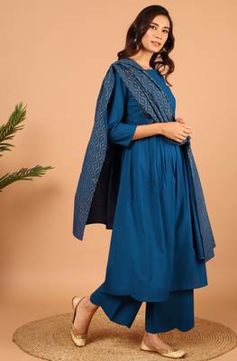 Blue Plain Cotton Kurta Set with Printed Dupatta 1
