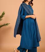 Blue Plain Cotton Kurta Set with Printed Dupatta